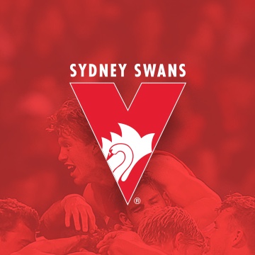 Animated graphic of the Sydney Swans logo with players cheering in the background