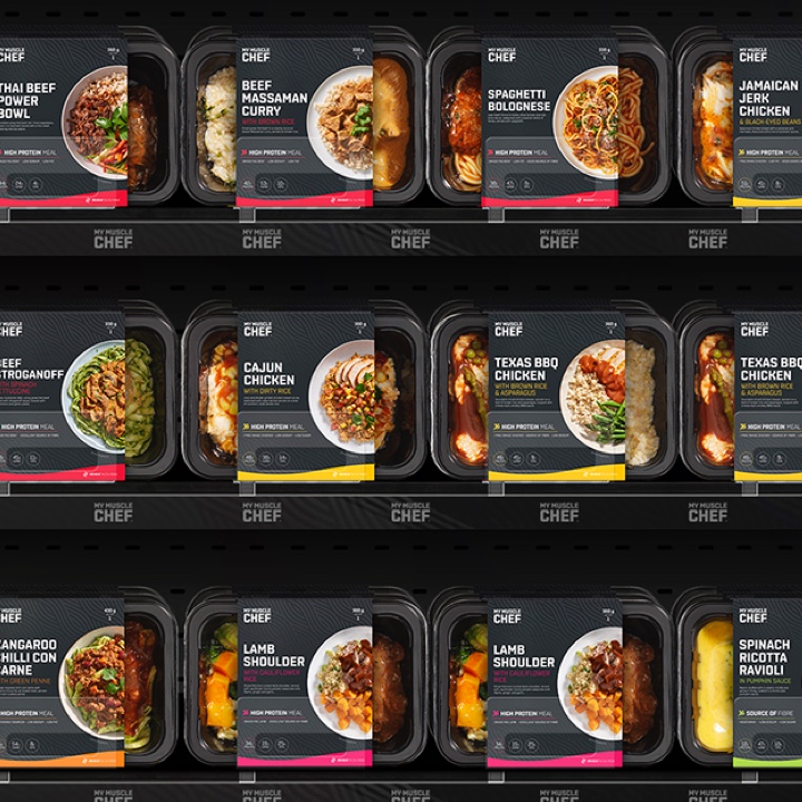 Assortment of rebranded packaged meals by My Muscle Chef