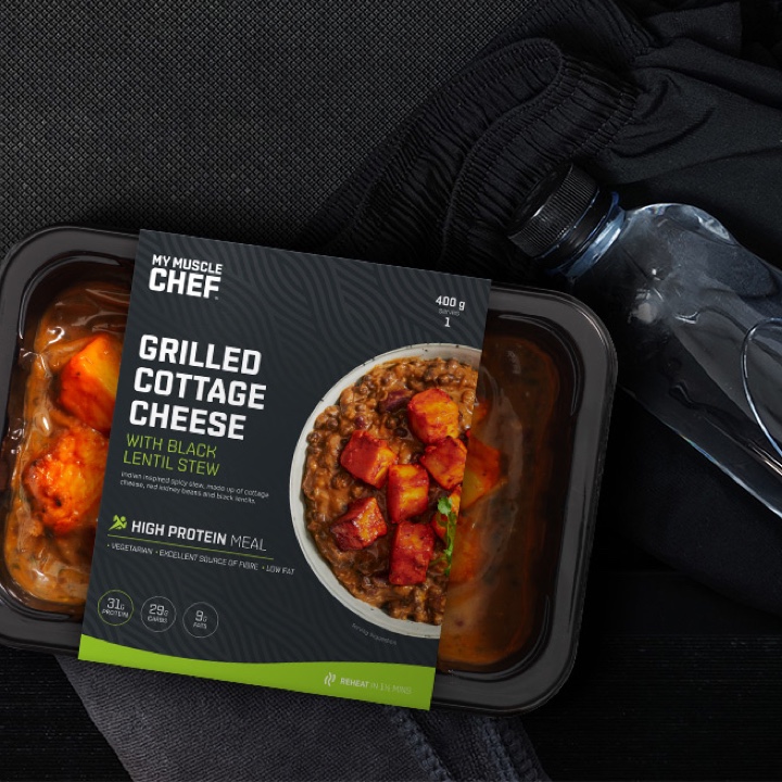 Up-close packaging of the new rebranded My Muscle Chef packaging at the gym