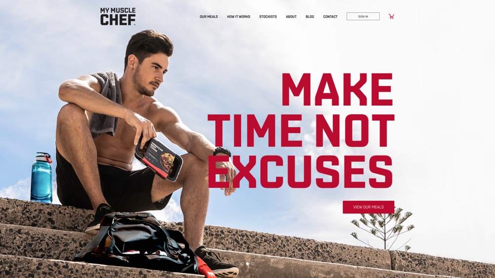 Screenshot of website remodelling for My Muscle Chef with an athletic man holding a meal with quote 
