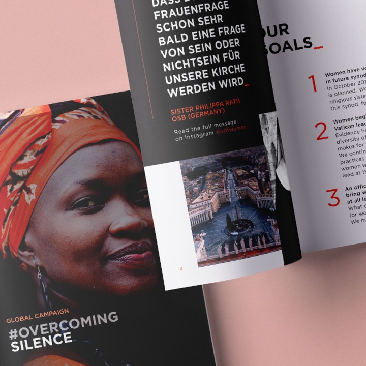 Photograph of clips of the Overcoming Silence Campaign magazine to emphasise the brand identity