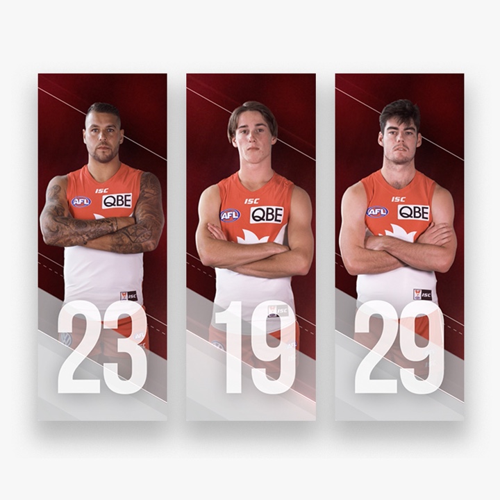 Animated on-screen graphics of Sydney Swans players number 23, 19, and 29