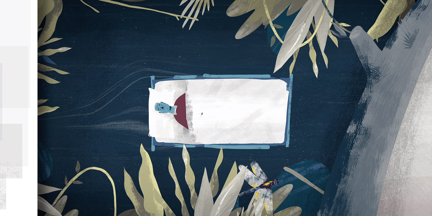 Still from an animation of a father lying in a hospital bed with nature in the background