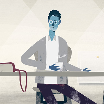 Animation still of a man sitting at a table writing father's obituary