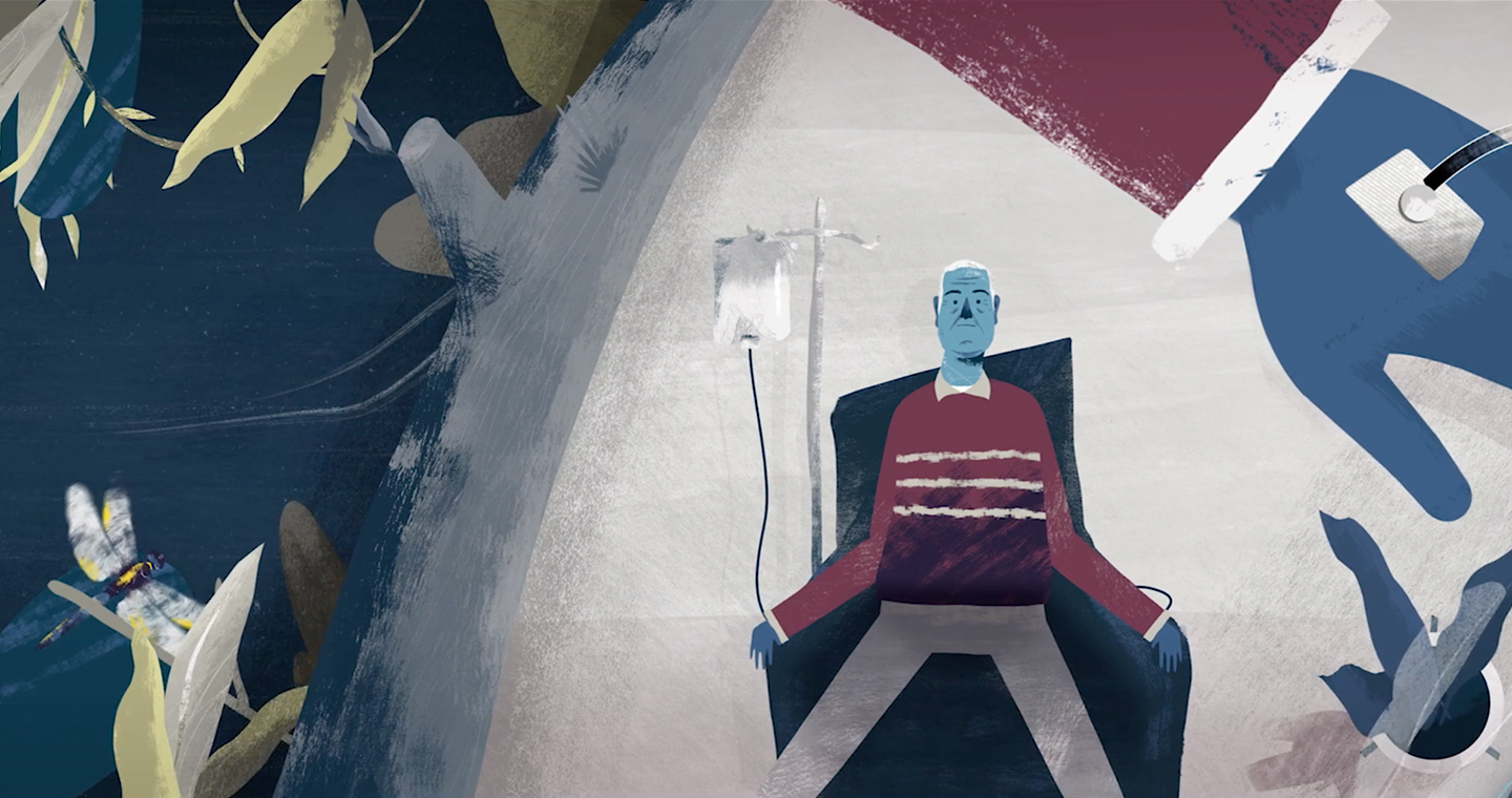 Still from an animation of a father sitting in a hospital chair with an IV in his arm