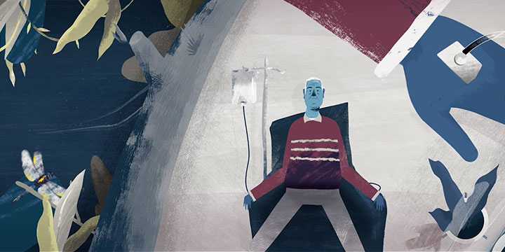 Still from an animation of a father sitting in a hospital chair with an IV in his arm