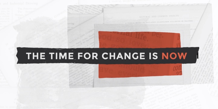 Video still of the Overcoming Silence Campaign that says "The Time for Change is Now" with newspaper articles in the background