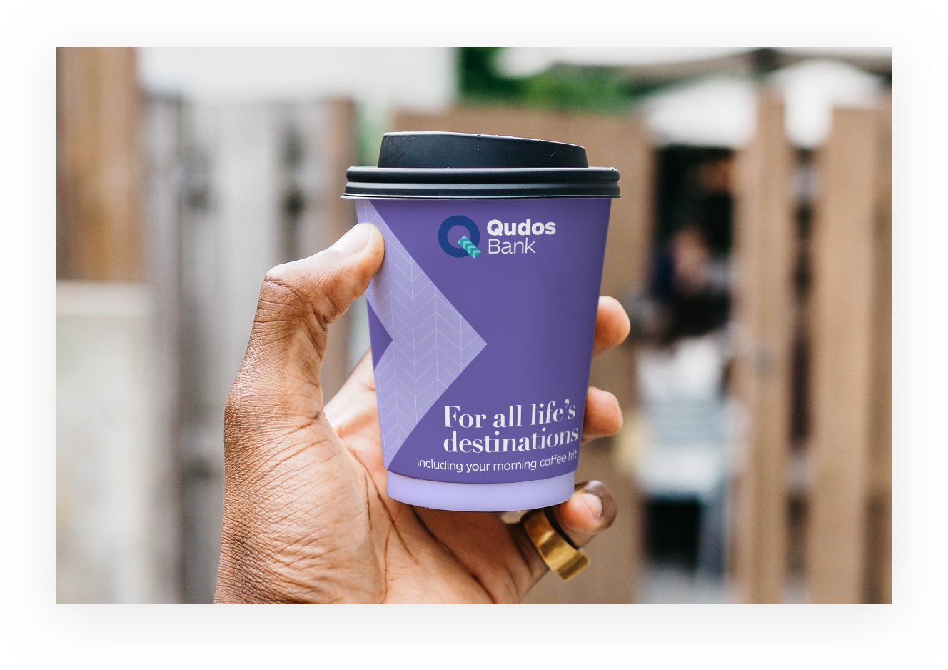 Qudos Bank coffee cup design in new brand