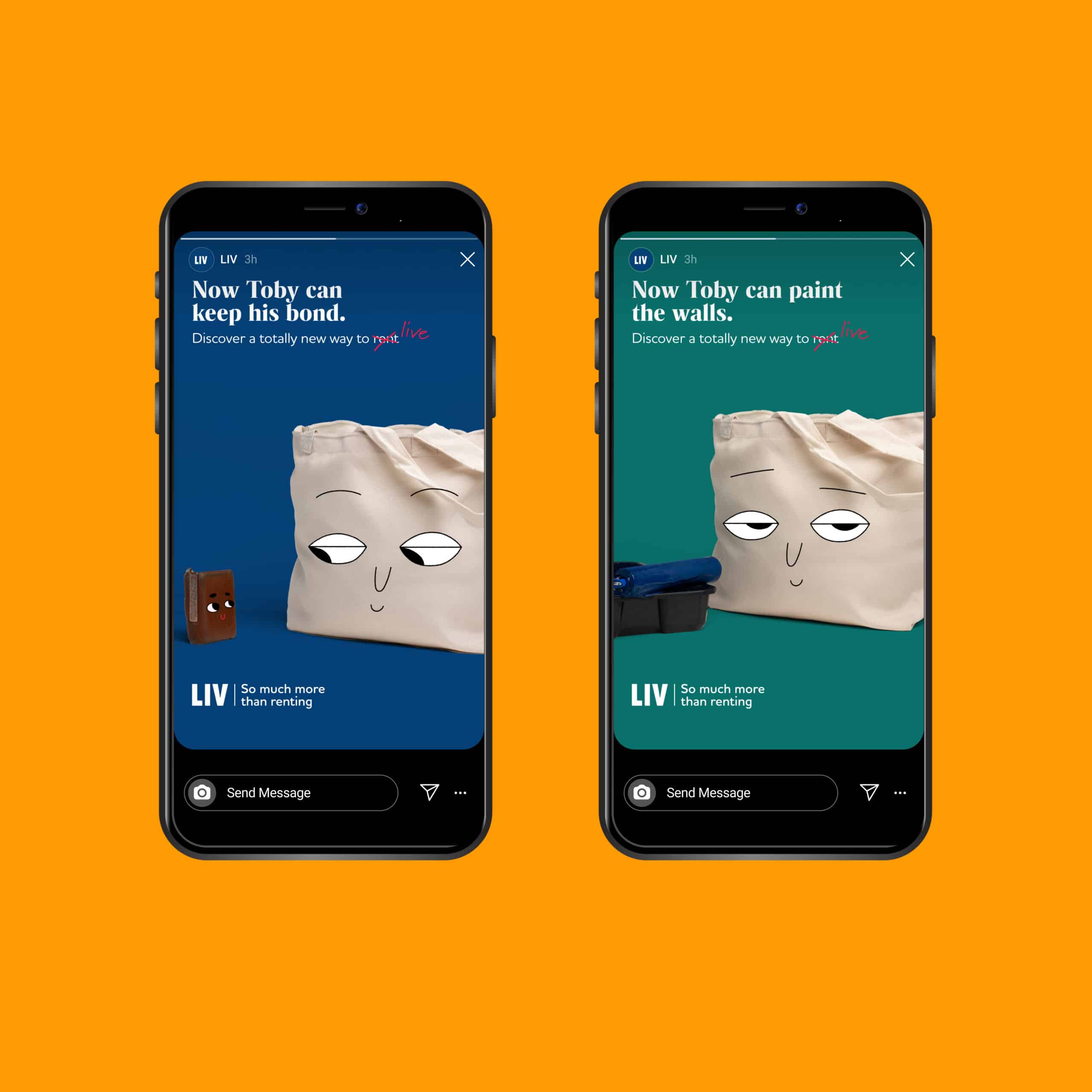 LIV Toby Tote campaign ads mocked up on phones, including grumpy teabag and Toby with a paint roller.