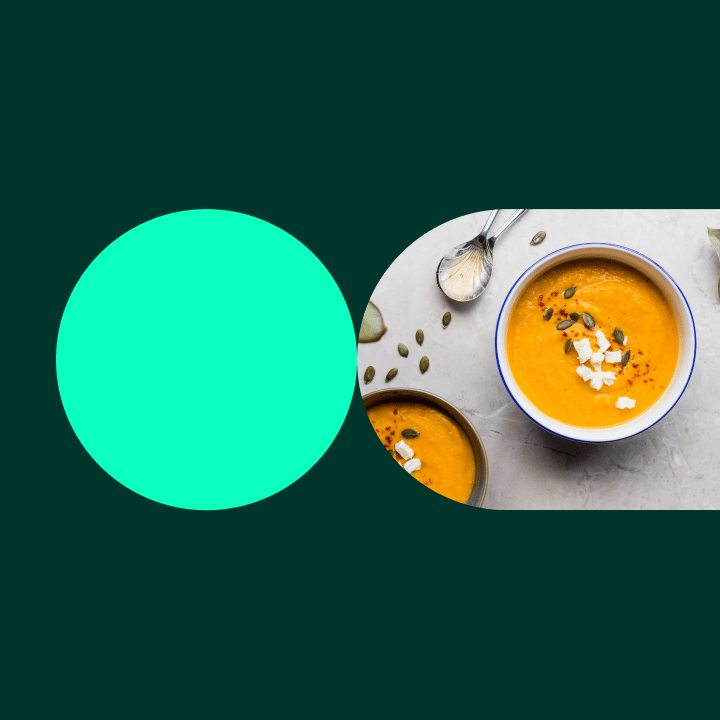 W23 rebrand graphic device being used to reveal shot of pumpkin soup,