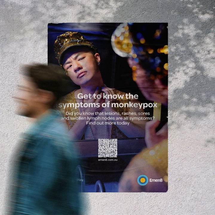Emen8 monkeypox campaign poster featuring a person in a sequin hat.